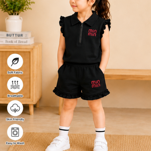 Girl's Black Sleeveless Ruffled 2 Piece Set