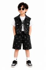 Kids' Star-Patterned Three-Piece Set(Black) T-Shirt, Denim Vest  & Shorts