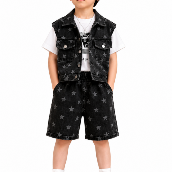 Kids' Star-Patterned Three-Piece Set(Black) T-Shirt, Denim Vest  & Shorts