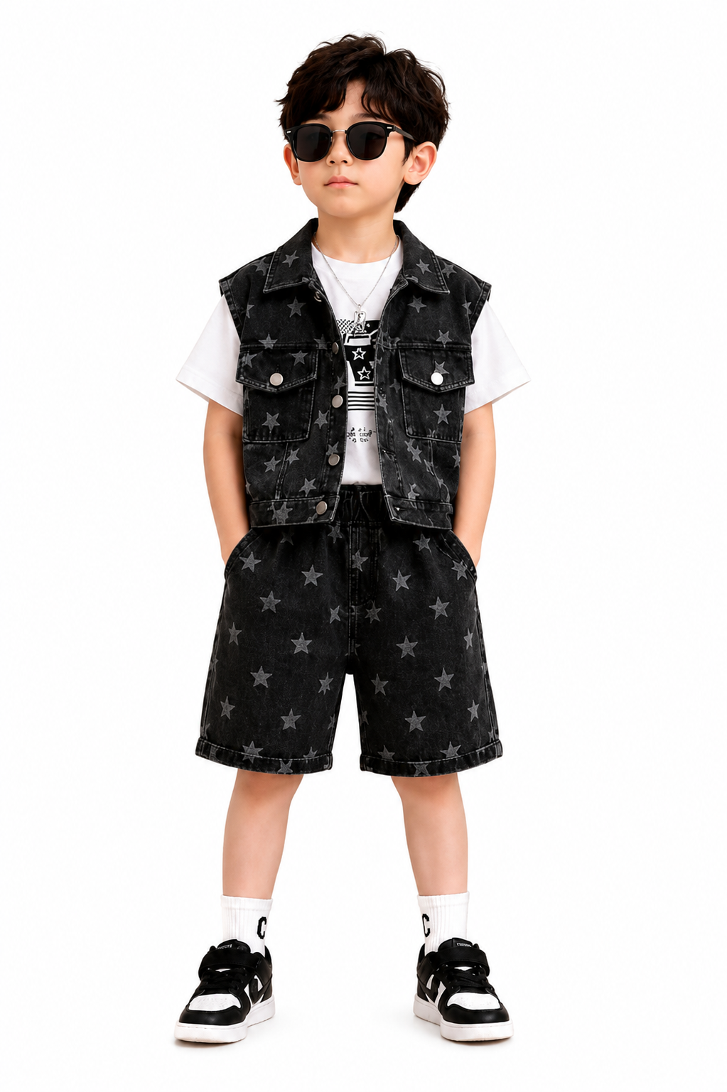 CCBLA4838 (1) Kids' Star-Patterned Three-Piece Set(Black) T-Shirt, Denim Vest & Shorts - Image 1