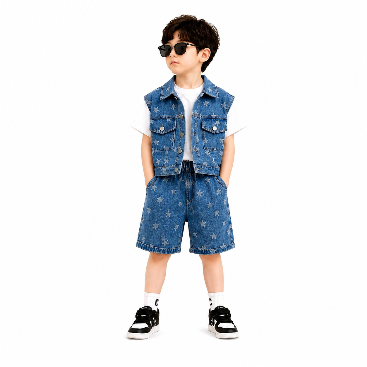 CCBLU4838 Kids' Star-Patterned Three-Piece Set(Blue) T-Shirt, Denim Vest & Shorts - Image 1