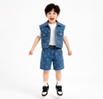 Kids' Star-Patterned Three-Piece Set(Blue) T-Shirt, Denim Vest  & Shorts - Image 3