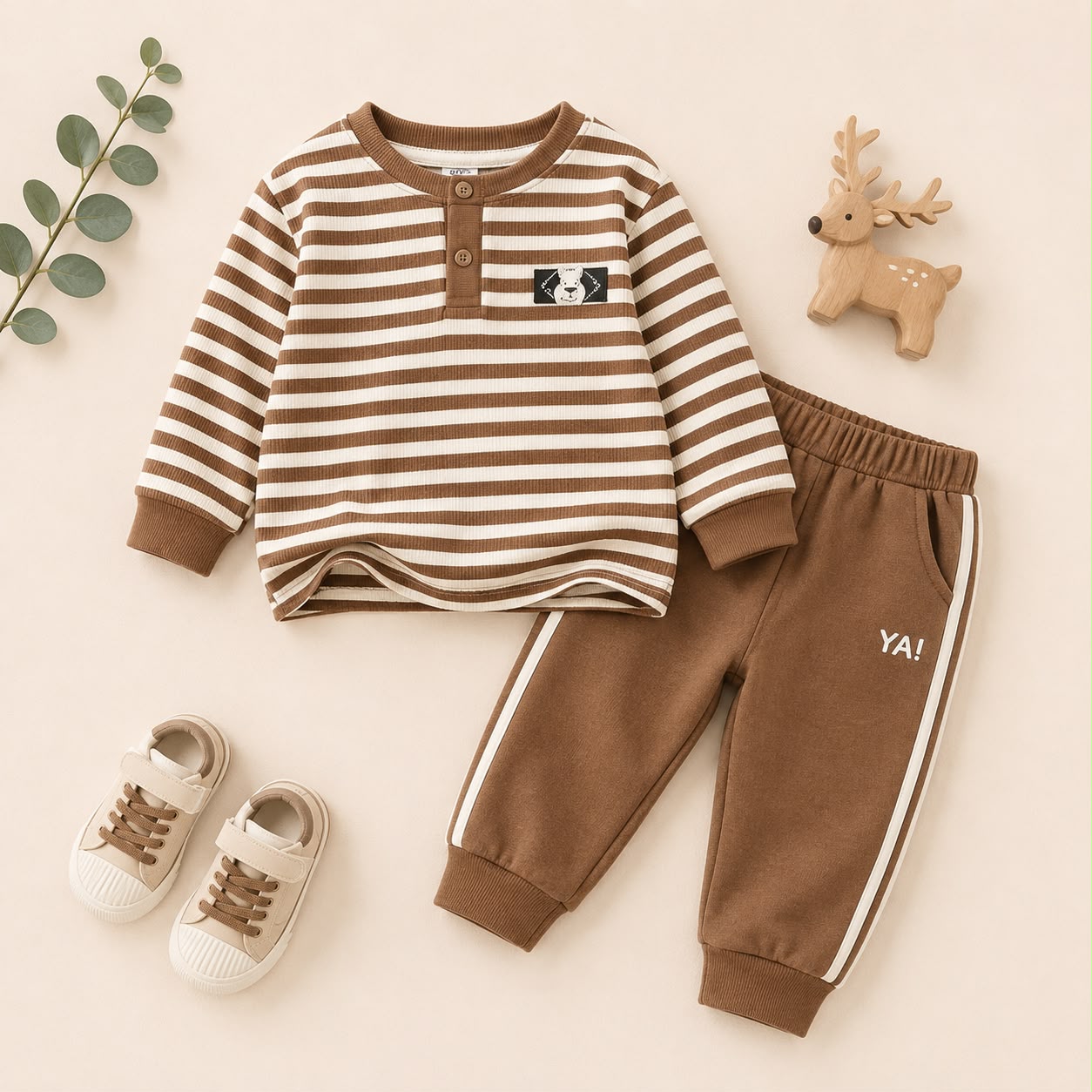 CCBR2758 (1) Unisex Brown & White Stripe Co-Ord Set - Image 1