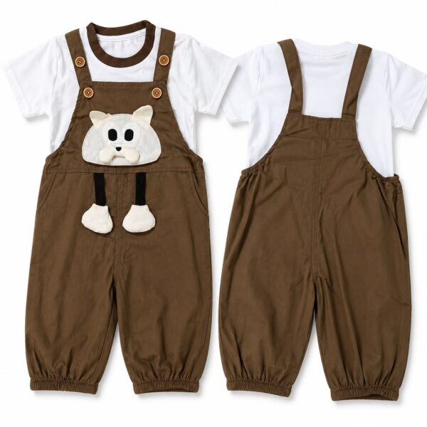 Brown Bear Dungaree & Printed Top Set