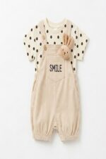 Cream Dotted Dungaree 2 Piece Set