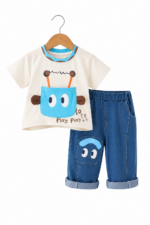 Cream Cartoon Graphic T-Shirt and Denim Shorts Set - Image 2
