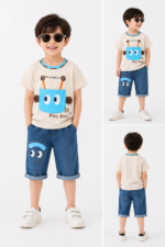 Cream Cartoon Graphic T-Shirt and Denim Shorts Set