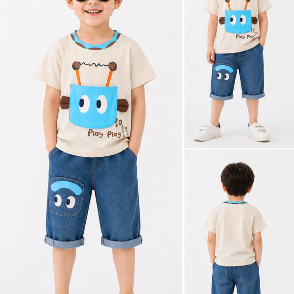 Cream Cartoon Graphic T-Shirt and Denim Shorts Set