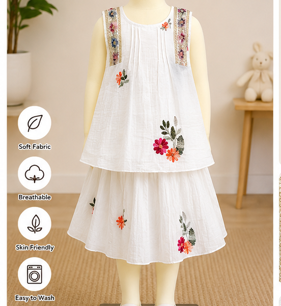 White Girls Floral Embroidered Outfit Set