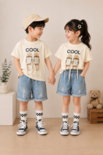 Boys Cream Football Patch T-Shirt & Denim Shorts Set