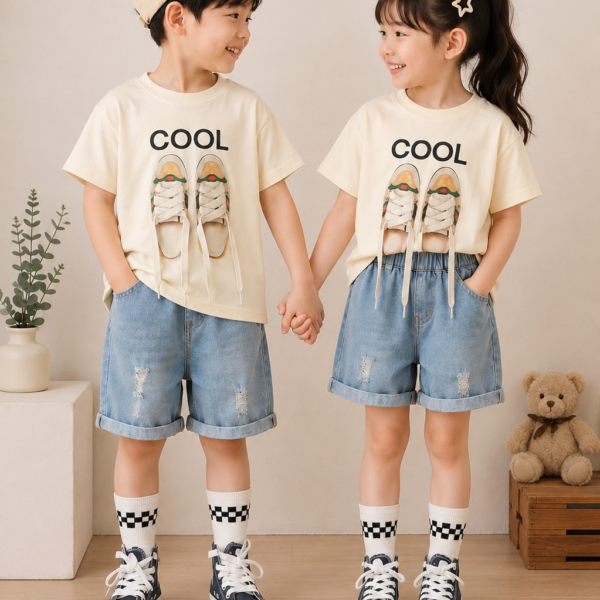Boys Cream Football Patch T-Shirt & Denim Shorts Set