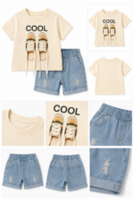 Boys Cream Football Patch T-Shirt & Denim Shorts Set - Image 2