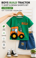Boys Green Build Tractor T-Shirt & Denim Shorts Set