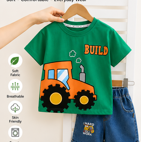 Boys Green Build Tractor T-Shirt & Denim Shorts Set
