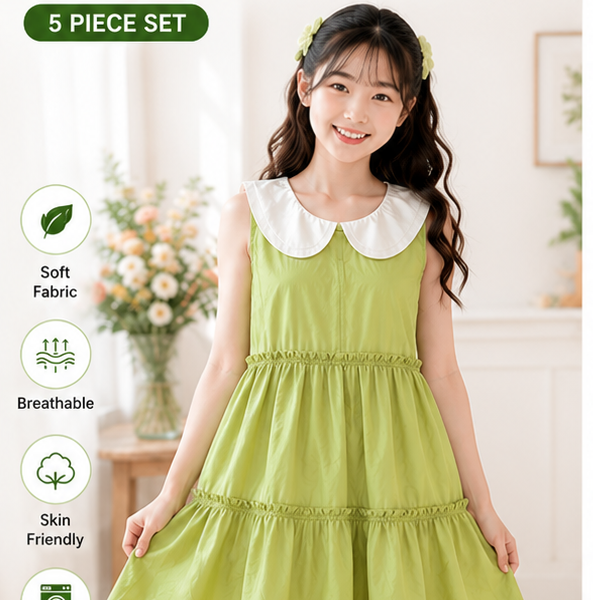 Girl's Green Peter Pan Collar Tiered Frock