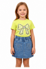 Green 2 Piece Set –  Bow T-Shirt and Denim Skirt