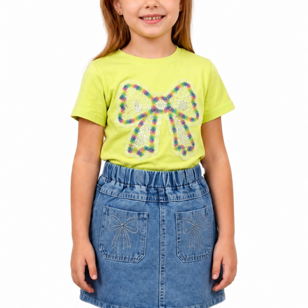 Green 2 Piece Set –  Bow T-Shirt and Denim Skirt