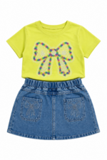 Green 2 Piece Set –  Bow T-Shirt and Denim Skirt - Image 2