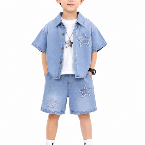 Kids Star Print Denim  3-Piece Set  Short-Sleeve Jacket and Shorts (Copy)