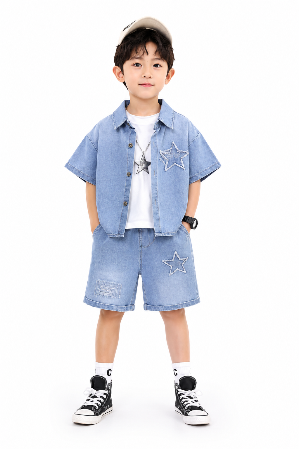 CCLBL4837 Kids Star Print Denim 3-Piece Set Short-Sleeve Jacket and Shorts (Copy) - Image 1