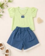 Girls' Lime Green Top & Denim Shorts Set