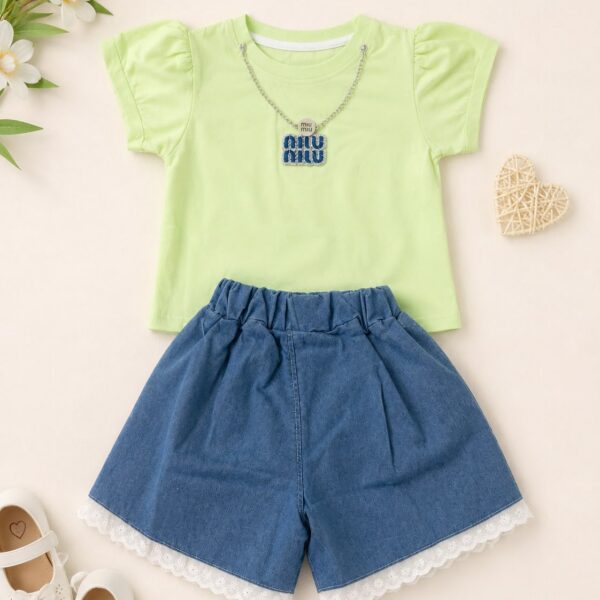 Girls' Lime Green Top & Denim Shorts Set