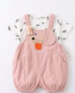 Soft Pink Patterned Dungaree Shorts Set