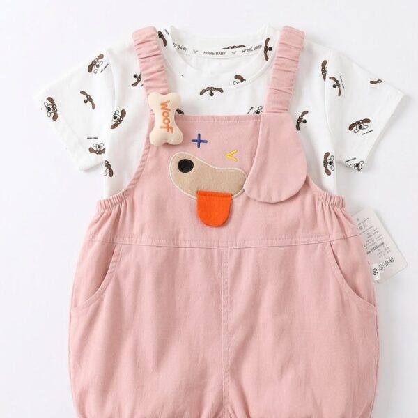 Soft Pink Patterned Dungaree Shorts Set