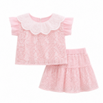 Girls' Pink Lace & Ruffle  Two-Piece Skirt Set with  side hanging pouch bag