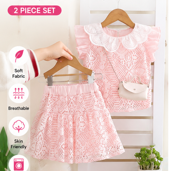 Girl's Pink Lace andRuffle  Two-Piece Skirt Set with  side hanging pouch bag
