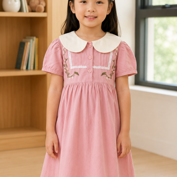 Girl's Pink Peter Pan Collar  Korean Frock (Cotton)