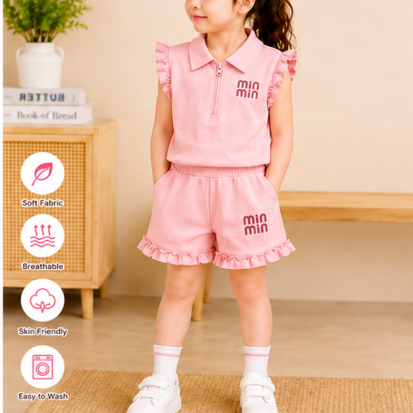 Girl's Pink Sleeveless Ruffled 2 Piece Set