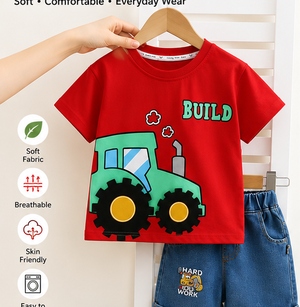 Boys Red Build Tractor T-Shirt & Denim Shorts Set