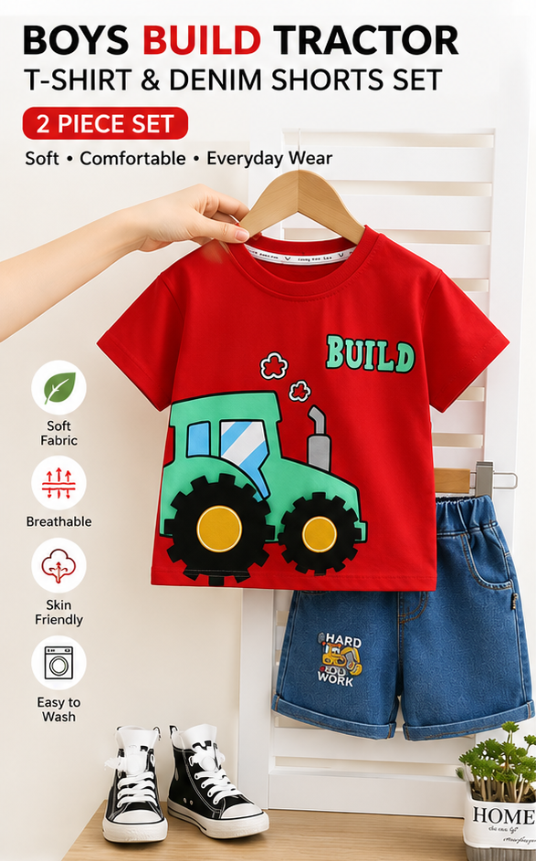 CCRD4690 Boys Red Build Tractor T-Shirt & Denim Shorts Set - Image 1