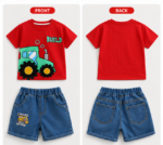 Boys Red Build Tractor T-Shirt & Denim Shorts Set - Image 2