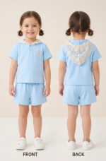 "Girls' Light Blue Hooded  Top and Shorts Set."