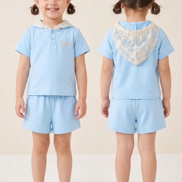 "Girls' Light Blue Hooded  Top and Shorts Set."