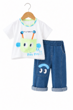 White Cartoon Graphic T-Shirt and Denim Shorts Set