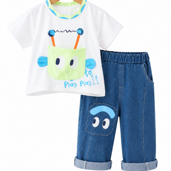 White Cartoon Graphic T-Shirt and Denim Shorts Set