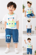 White Cartoon Graphic T-Shirt and Denim Shorts Set - Image 2
