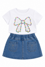 White 2 Piece Set –  Bow T-Shirt and Denim Skirt - Image 2