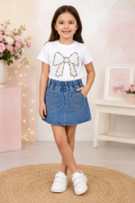White 2 Piece Set –  Bow T-Shirt and Denim Skirt