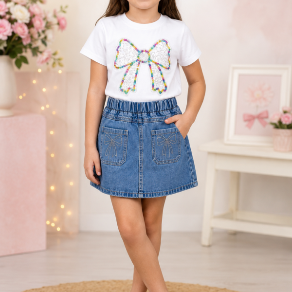 White 2 Piece Set –  Bow T-Shirt and Denim Skirt