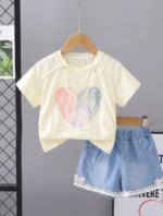 Girl's Yellow Top and Denim Shorts Set - Image 2