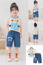 Cream Cartoon Graphic T-Shirt and Denim Shorts Set - Image 3