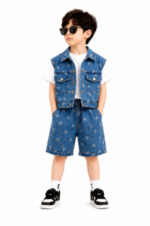 Kids' Star-Patterned Three-Piece Set(Blue) T-Shirt, Denim Vest  & Shorts