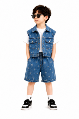 Kids' Star-Patterned Three-Piece Set(Blue) T-Shirt, Denim Vest & Shorts - Image 1