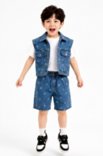 Kids' Star-Patterned Three-Piece Set(Blue) T-Shirt, Denim Vest  & Shorts - Image 5