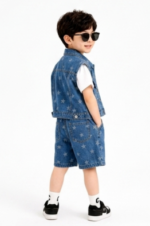 Kids' Star-Patterned Three-Piece Set(Blue) T-Shirt, Denim Vest  & Shorts - Image 4