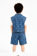 Kids' Star-Patterned Three-Piece Set(Blue) T-Shirt, Denim Vest  & Shorts - Image 3